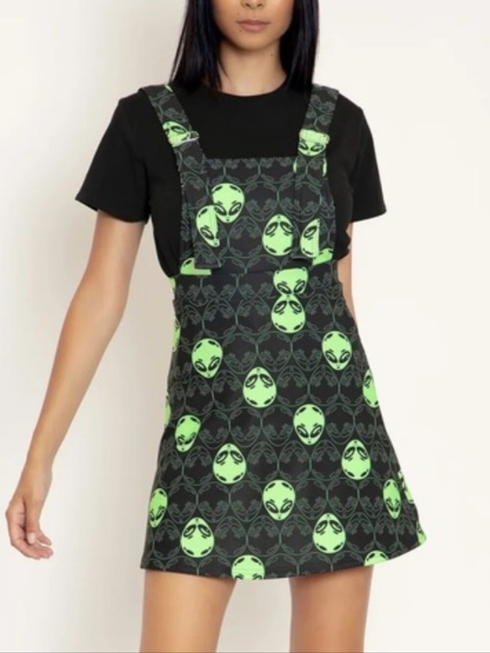 Blackmilk Little Green Men A Line Alien Apron Punk Pinafore Overall Dress XL - Picture 2 of 9
